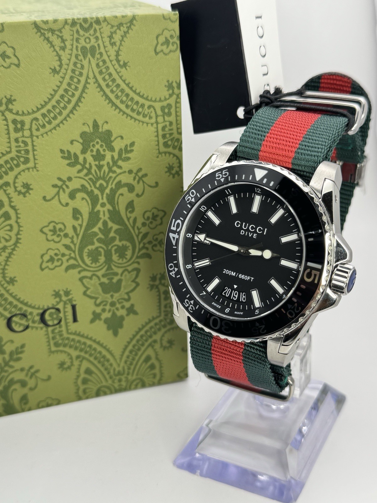 GUCCI YA136206 Dive Black Dial Red and Green Nylon Men’s Watch