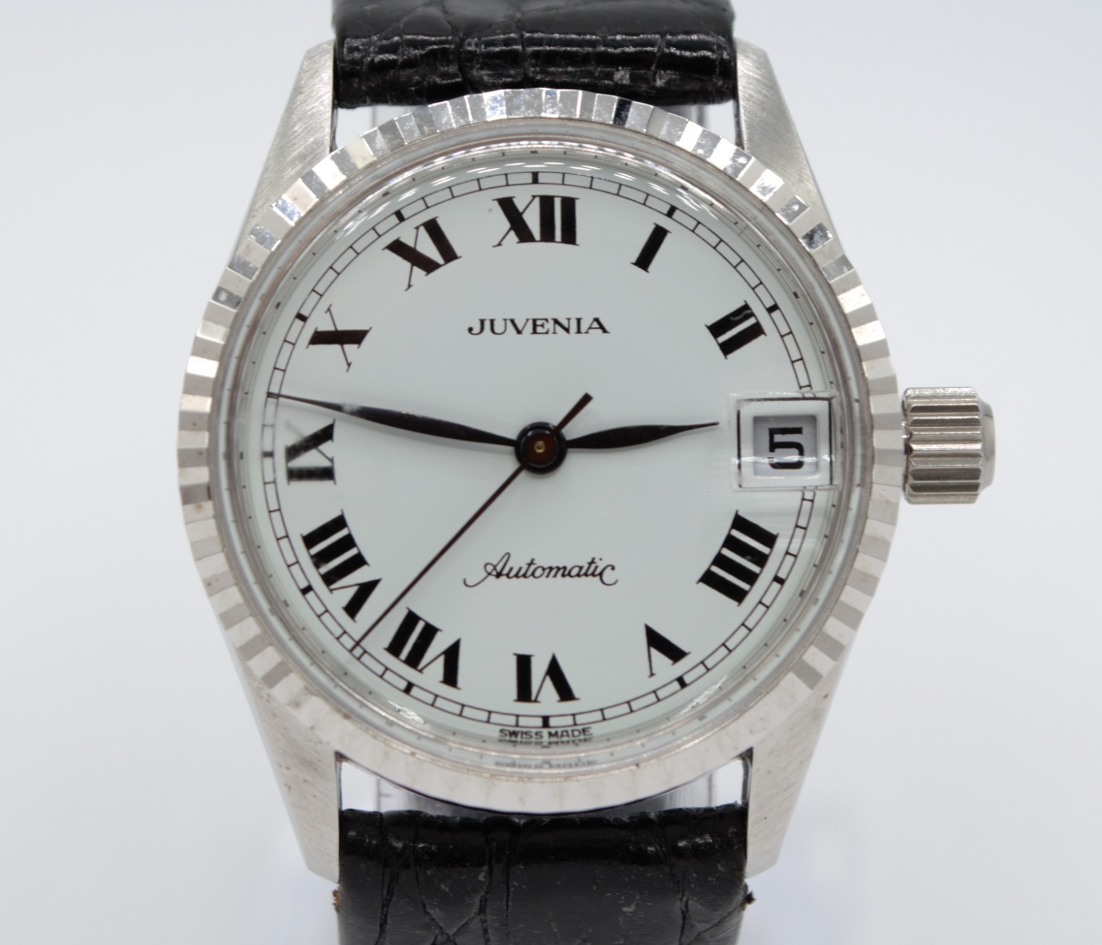 Vintage 1990s Juvenia Automatic Fluted Bezel Steel Swiss Watch