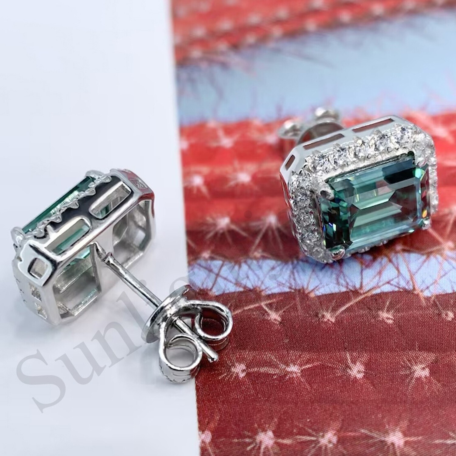 Emerald Cut Blue Lab Diamond Stud Earrings 8.8 Ct in 925 Silver – Certified