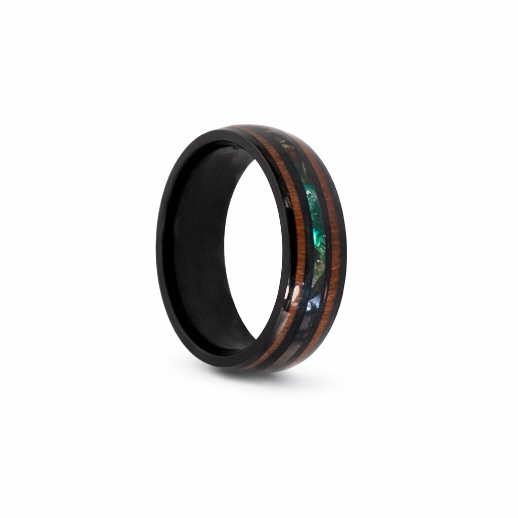 Black Stainless Steel Wedding Ring with Wood Grain & Iridescent Inlay