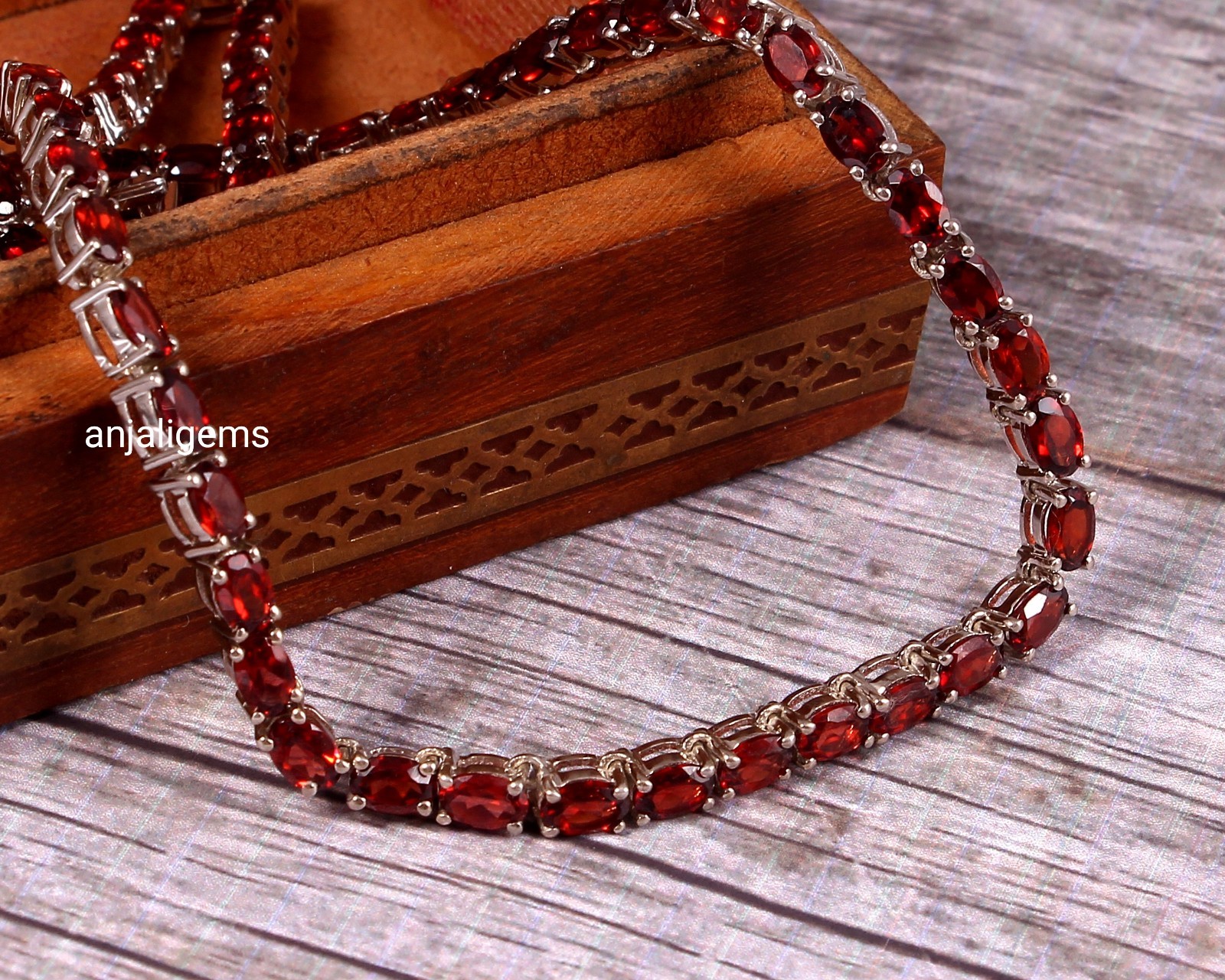 18K White Gold Finished Over AA+ Natural Red Garnet Tennis Necklace In 925Silver