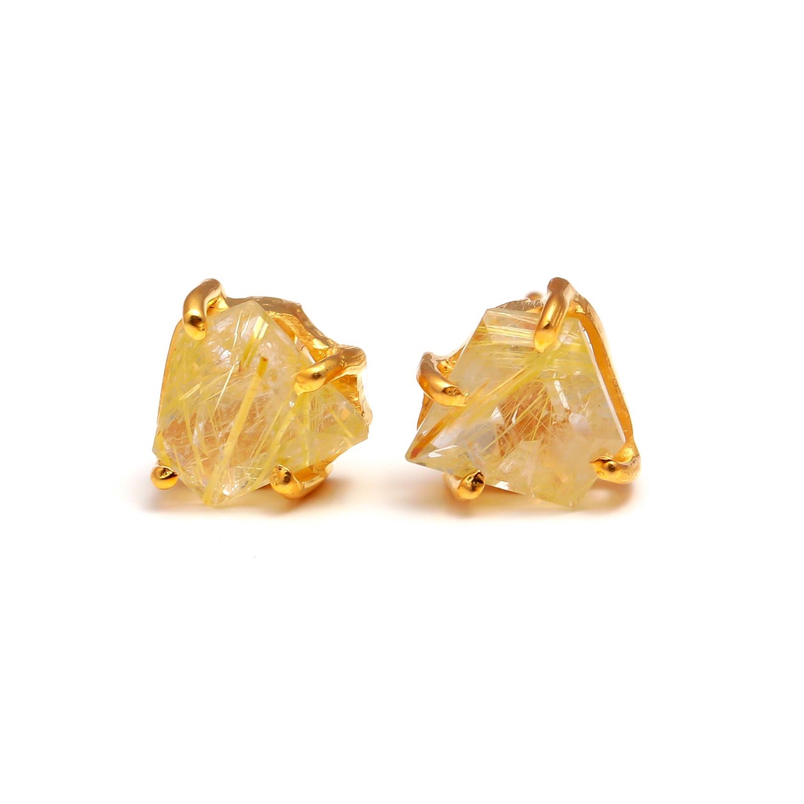 Natural Golden Rutile Shield Stud Earrings Gold Fill 925 Sterling Silver Jewelry
