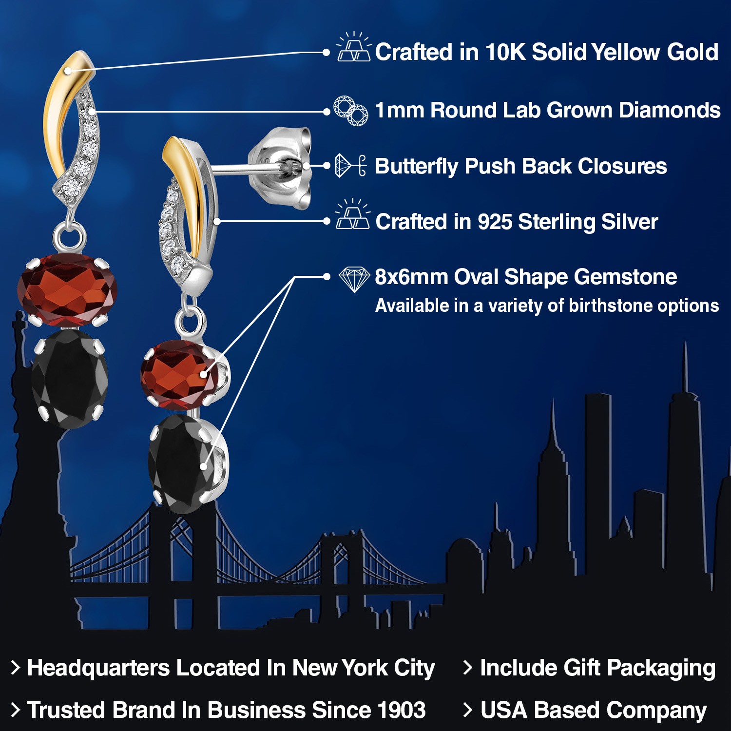 925 Silver and 10K Yellow Gold Garnet and Black Sapphire and Lab Grown Diamond