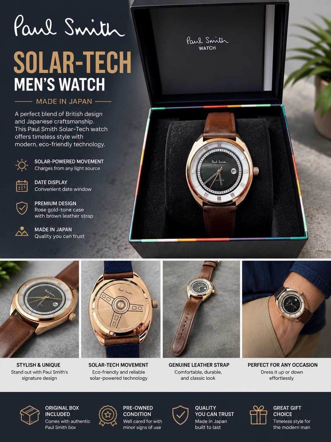 Paul Smith Solar-Tech Men’s Quartz Date Black Dial Rose Gold Leather Strap Box