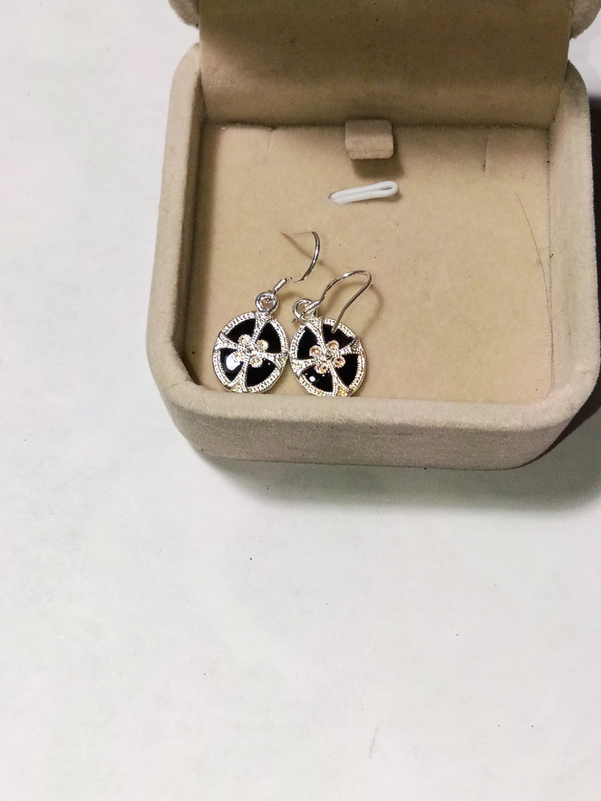 Silver Black Round Flower Crystal Dangle/Drop Earrings, Hook Closure