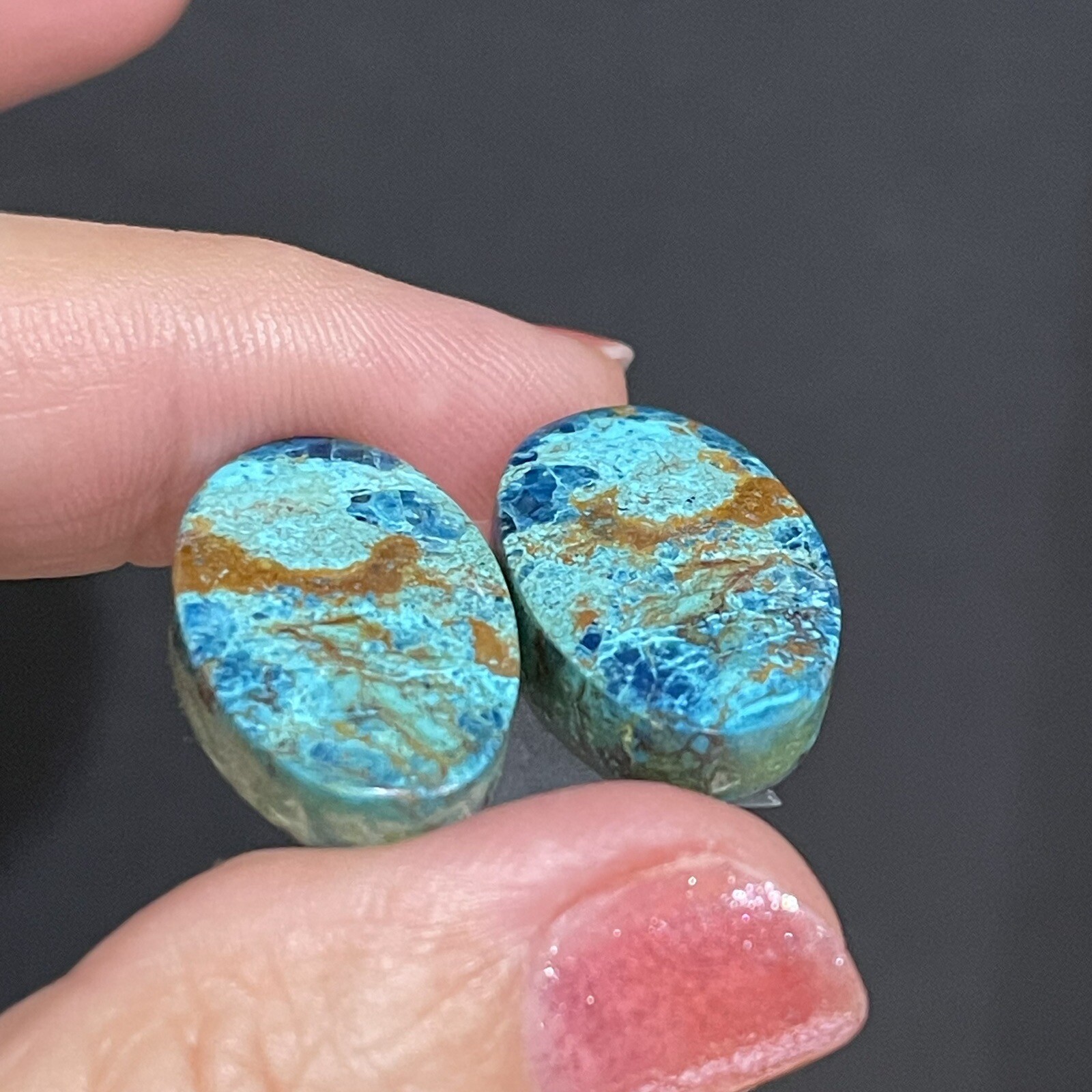31ct 22×14.5×5.4mm Pair Of Green Blue Shattuckite Oval Cabochons Gems