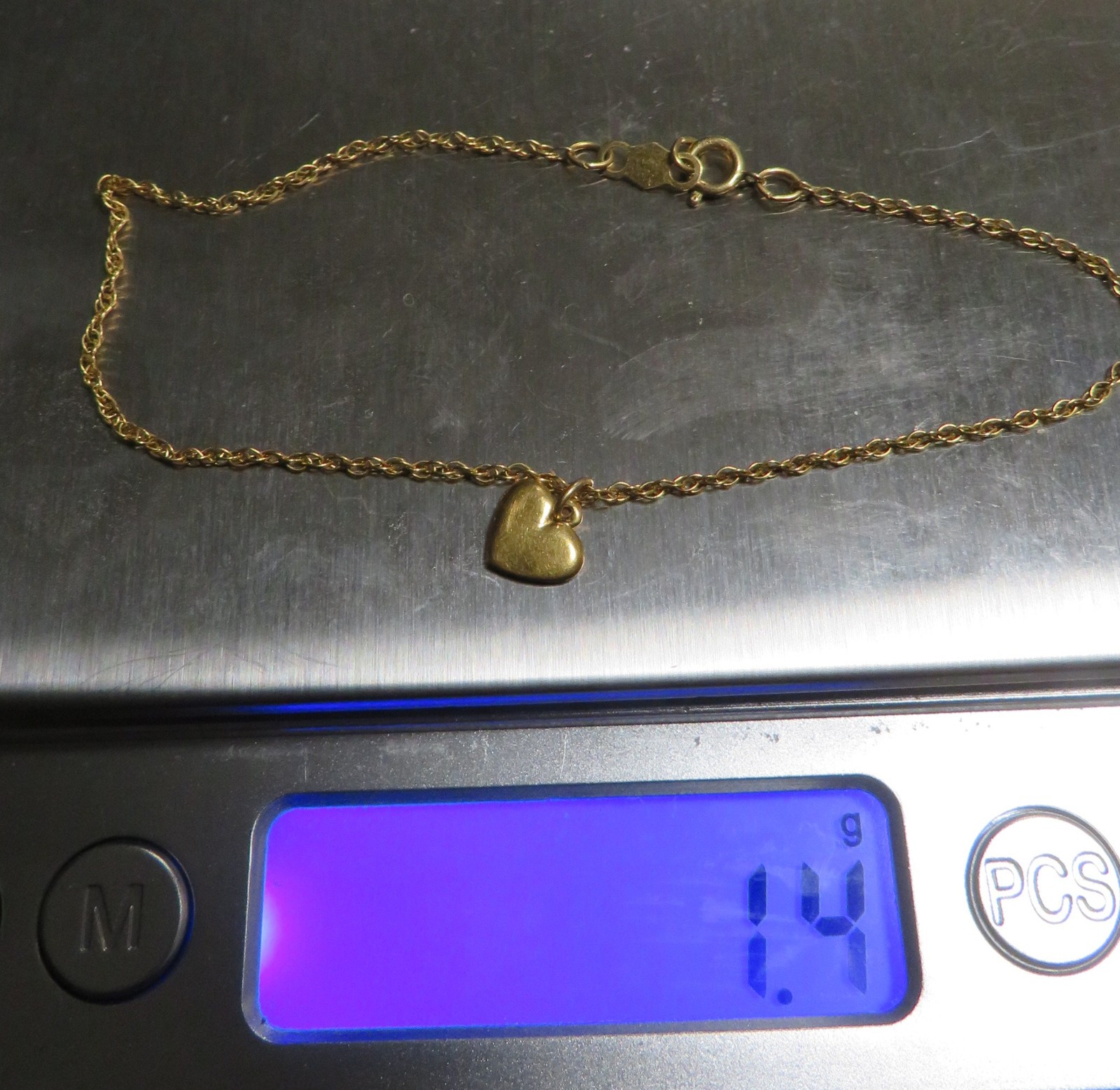 14k Solid .585 Yellow Gold 1.2g HEART LOVE Bracelet FLASHY Link secure 7 “