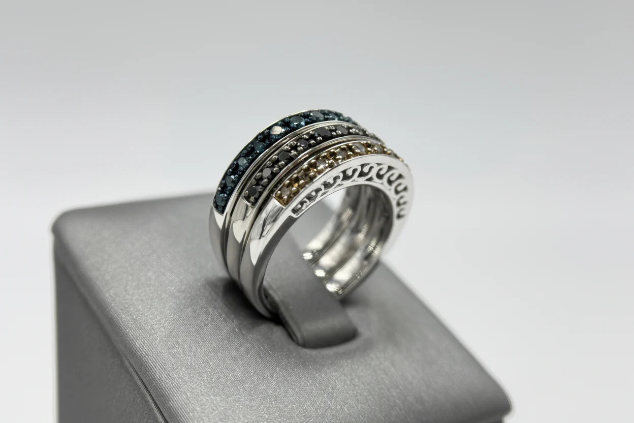 49ctw Black, Blue & Champagne Diamond Silver Band Rings set, Size 5