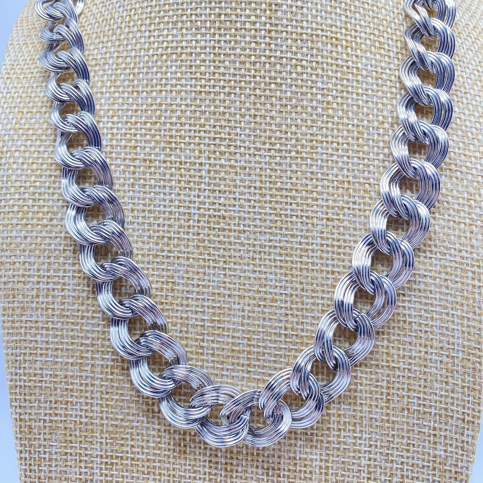 Monet Double Curb Link Necklace Silver Tone Vintage Hook Closure 1980s 20”