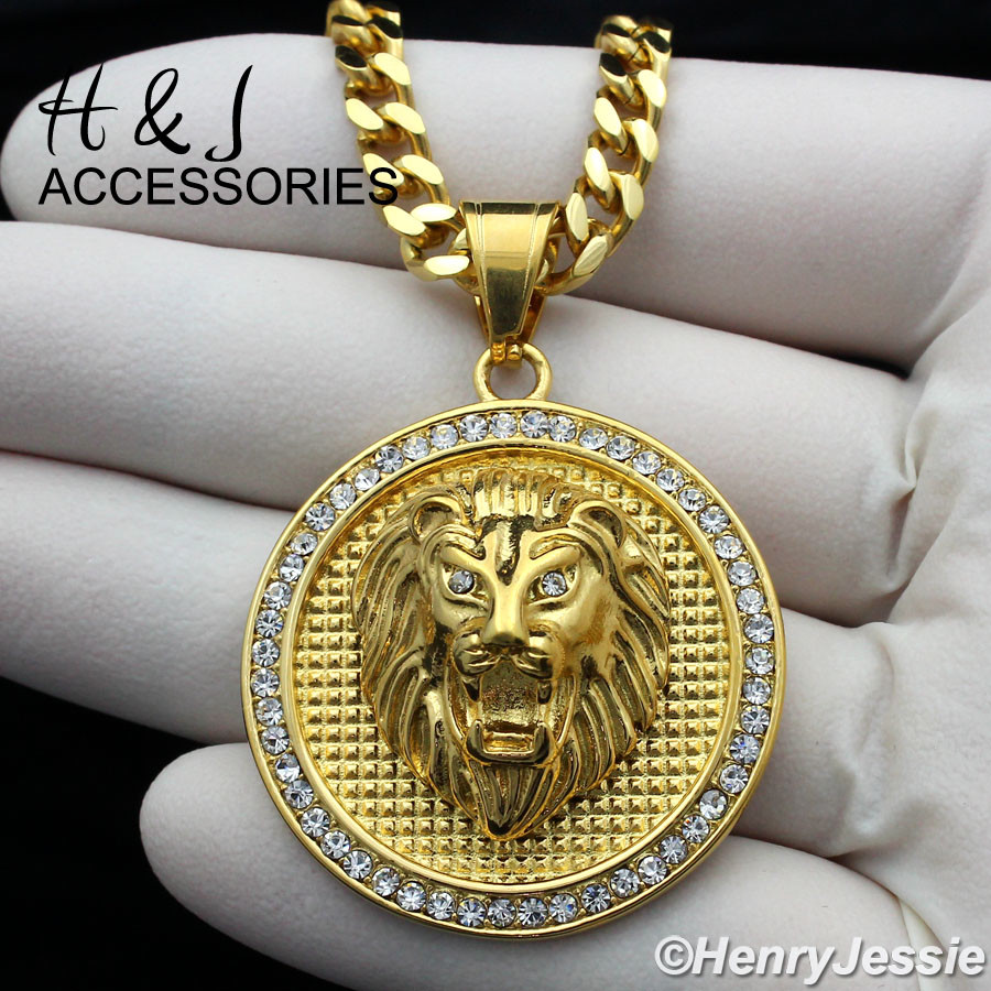 18-36″MEN Stainless Steel 5mm Gold Plated Cuban Curb Chain CZ LION Pendant*GP109
