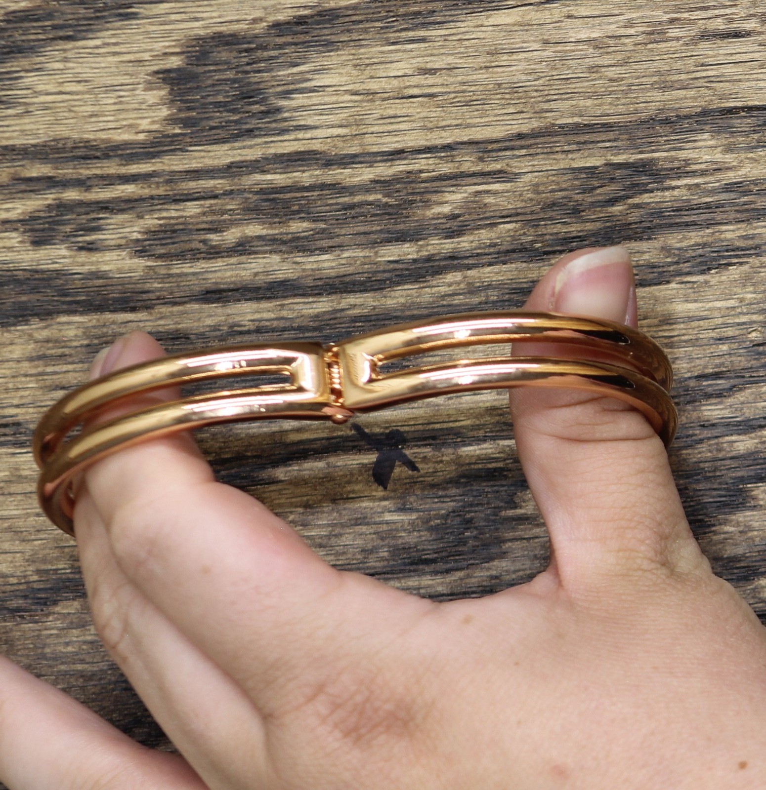 Rhinestone Double Split Band Hinged Open Cuff Bracelet Rose Gold / Clear