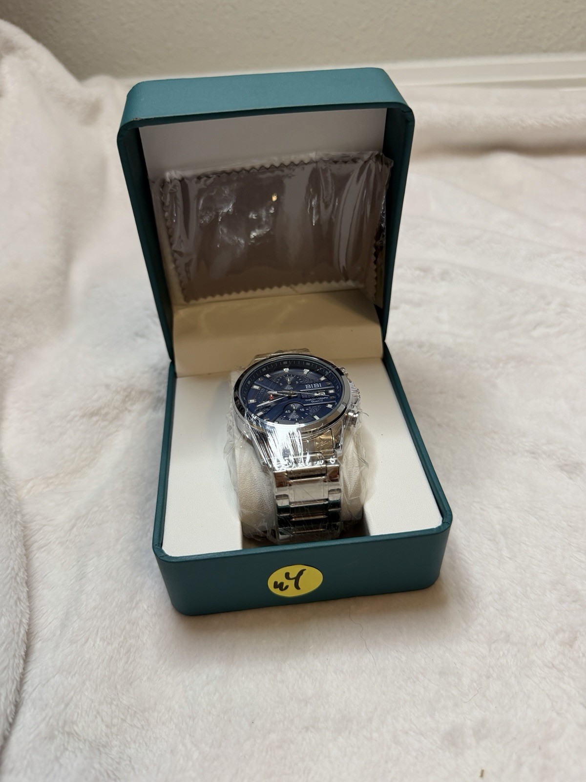 BIBI Blue Dial Chronograph Quartz Analog Watch Silver Metal Bracelet w/ Box