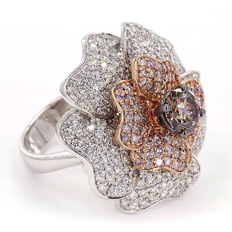 0.90 ct Natural Brown Diamond Floral Bloom Band Ring 18k Solid Gold Pave Floral