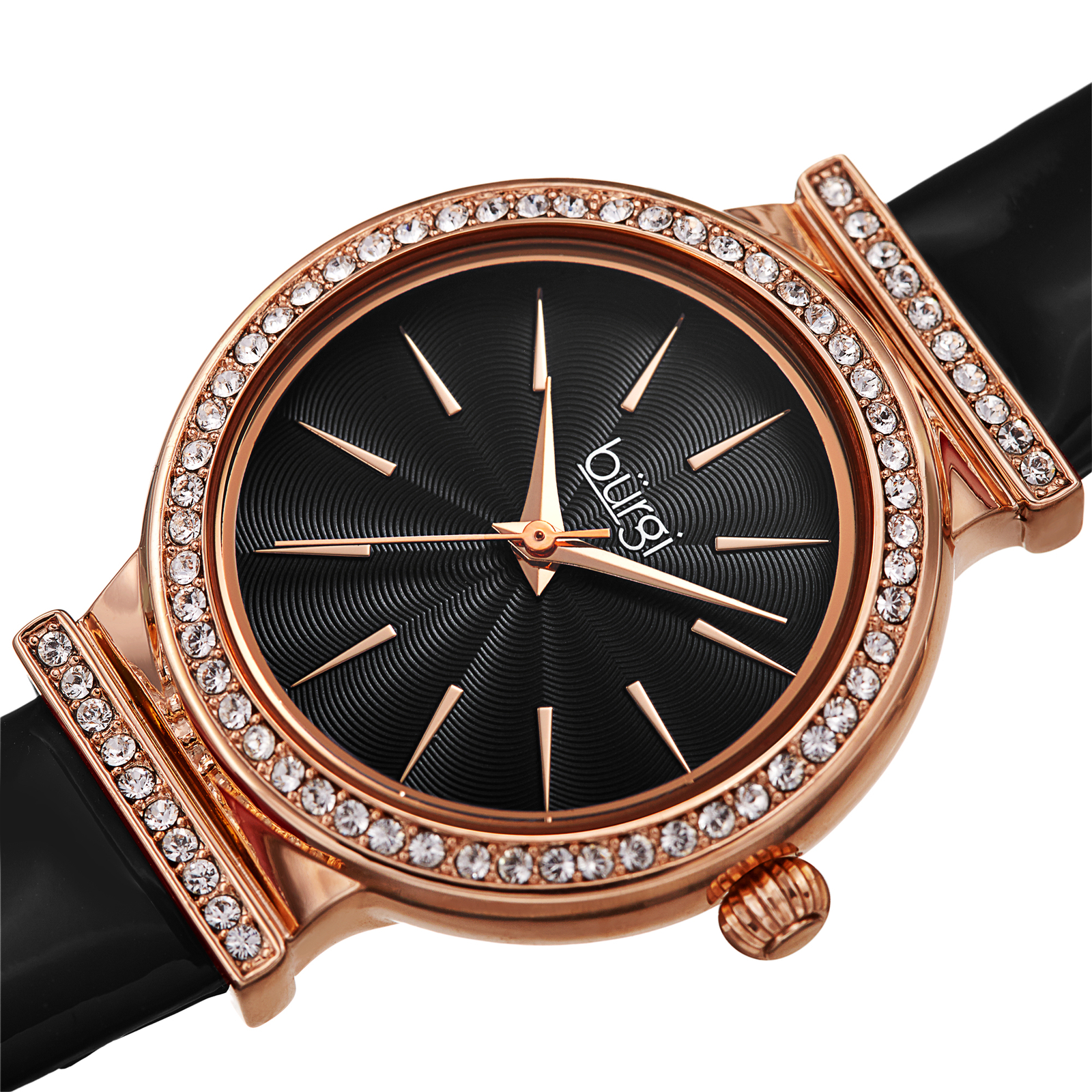 Women’s Burgi BUR230BK Black Swarovski Crystal Guilloche Leather Strap Watch