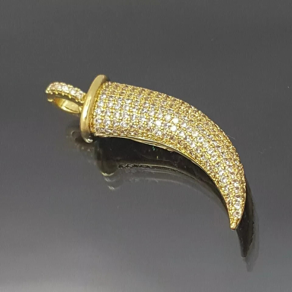 2Ct Round Cut Diamond Italian Horn Pendant 14K Yellow Gold Plated Free Chain
