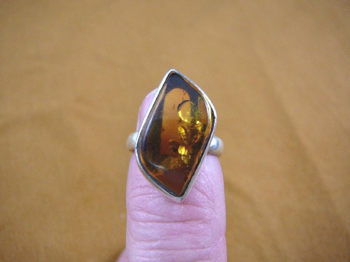 (PR-7.75-2) ORANGE AMBER marquise Poland .925 Sterling SILVER RING size 7.75