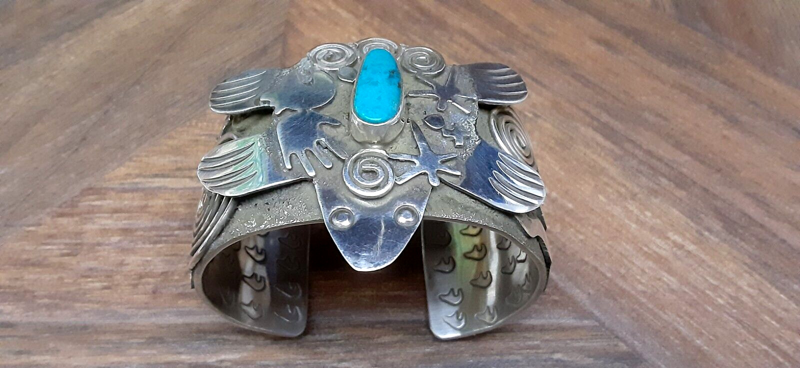 Navajo ALEX SANCHEZ Turtle Bracelet Sterling Turquoise GIGANTIC 114g Size 6 1/2″