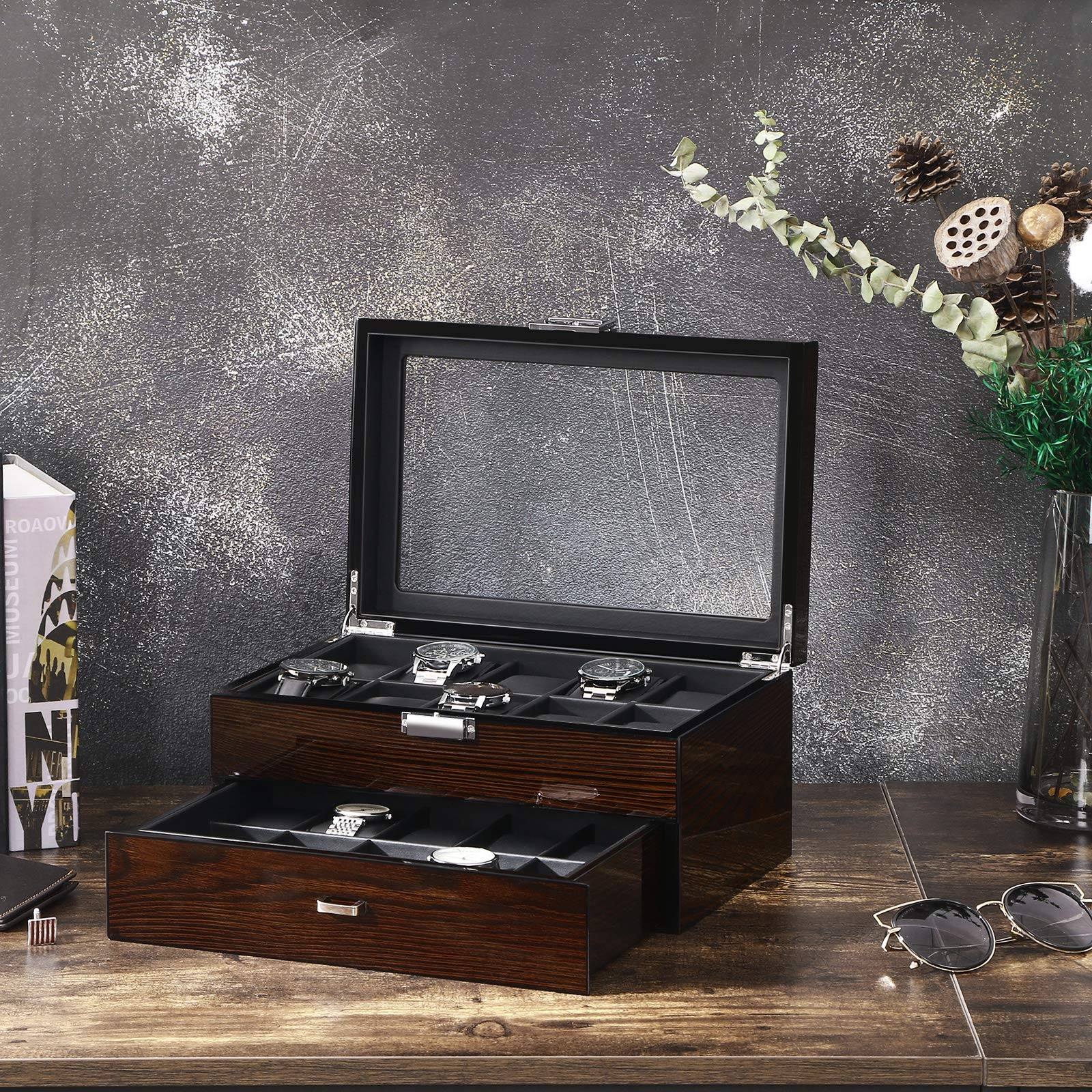 BEWISHOME High-End Watch Box, 20-Slot Case with Large Medium, Brown