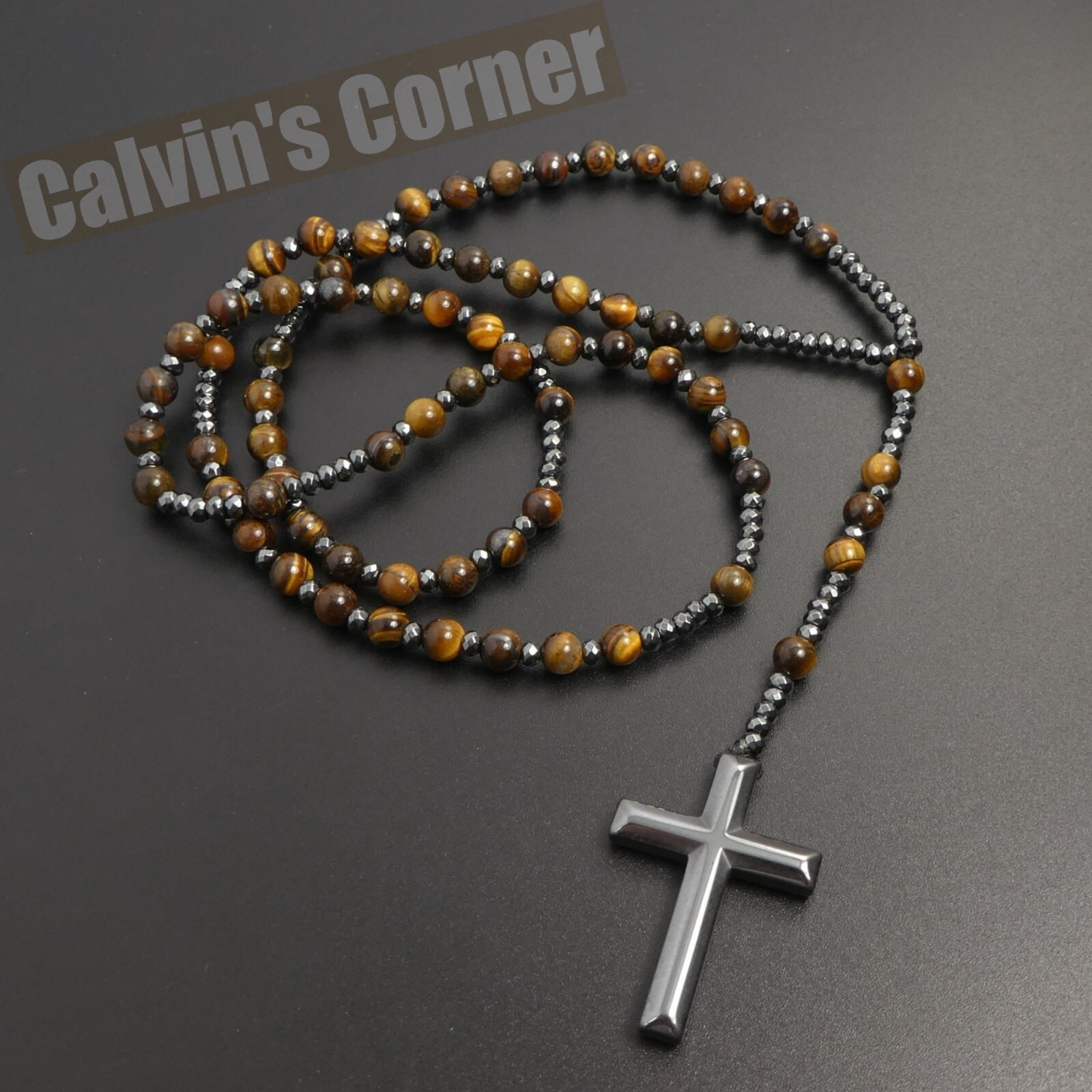Tiger Eye Black Hematite Rosary Necklace Catholic Christ Cross Men Women Gift
