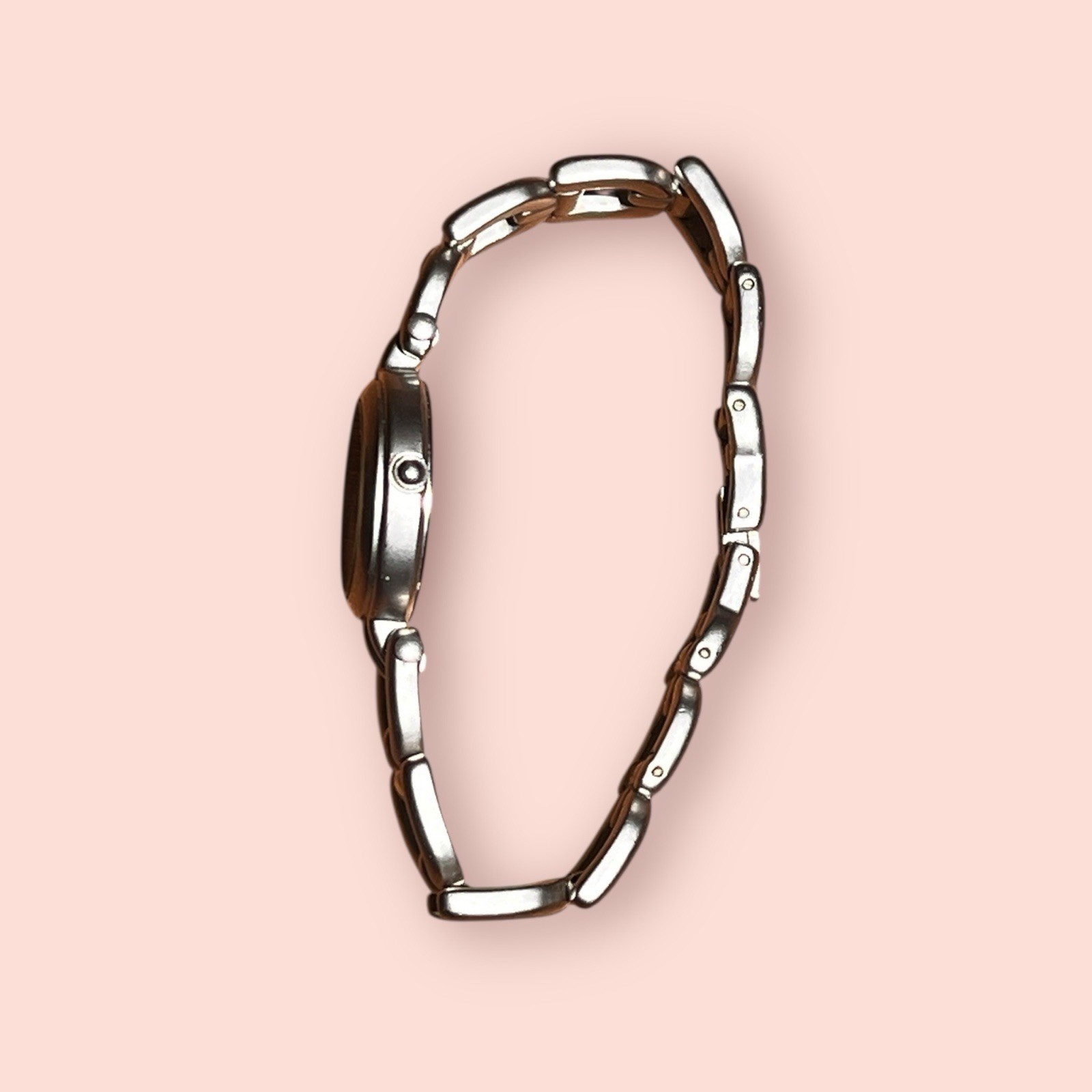 Vtg Guess Women Working Watch Pink Brushed Silver Chain Fold Over Clasp 6.75″