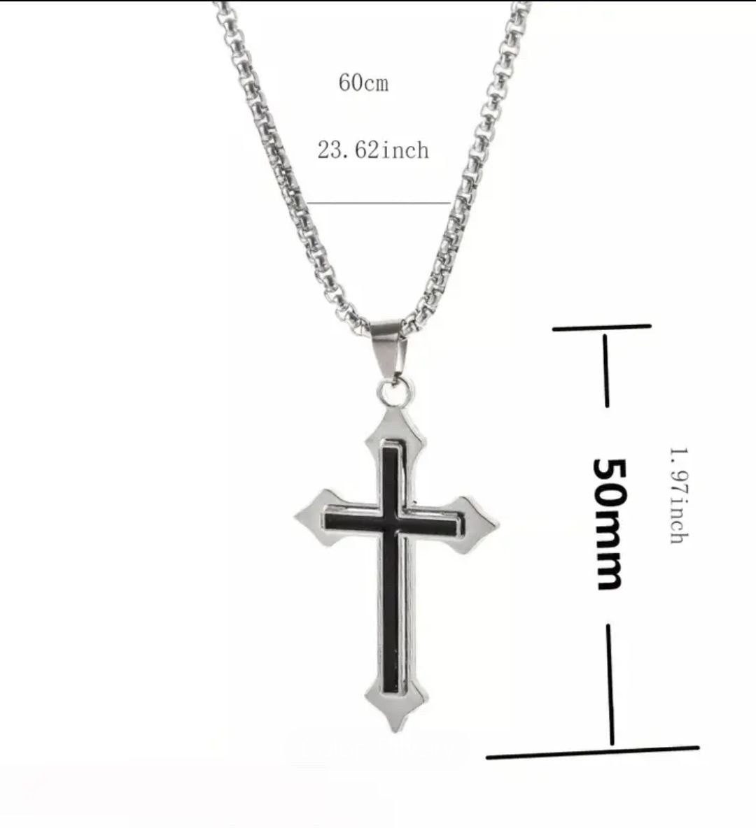 Men’s Stainless Steel Cross Pendant Necklace Silver Rope Chain 23.62in