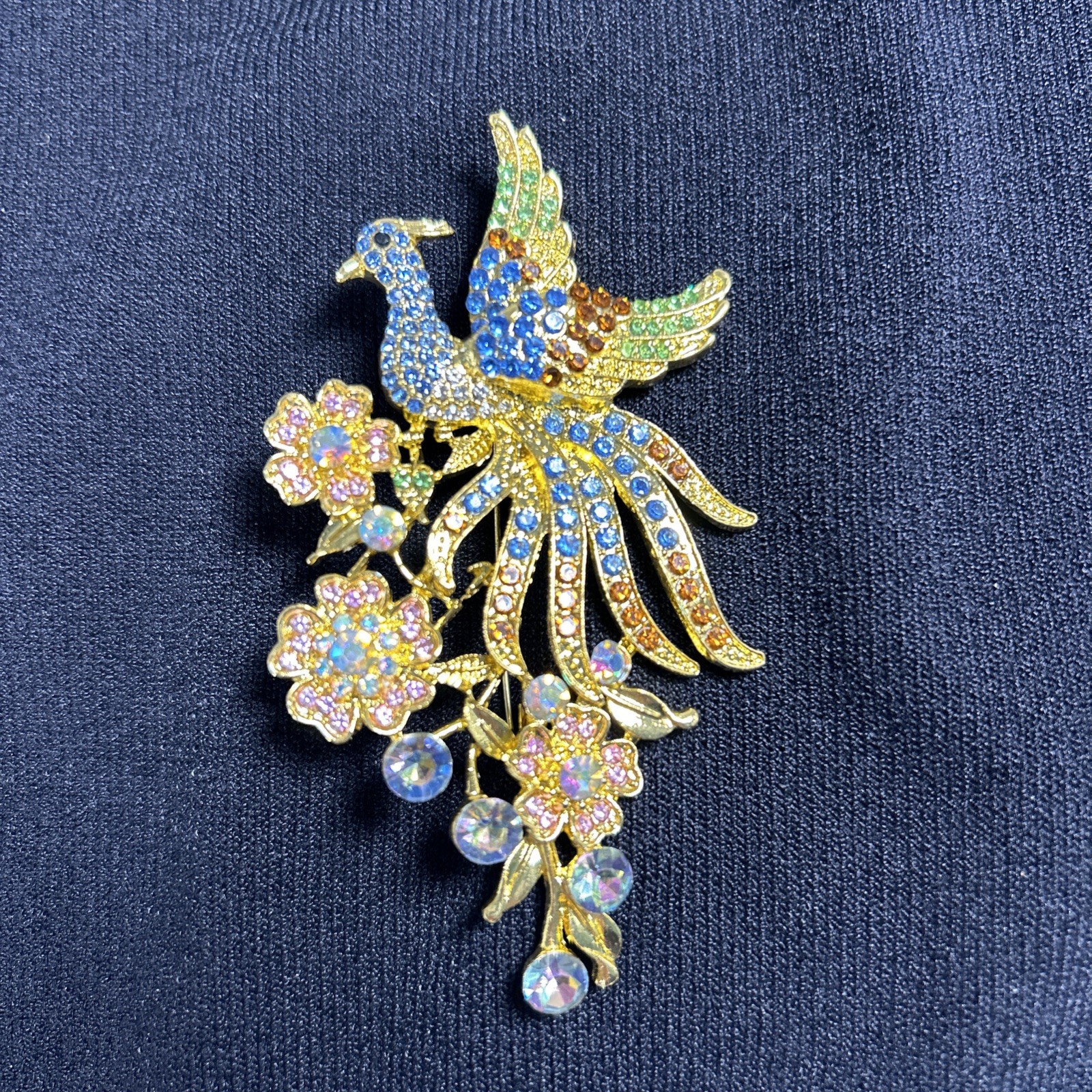 Bright Peacock Bird Brooch Pin Pendant Rhinestones Colorful Statement 3.5 inches