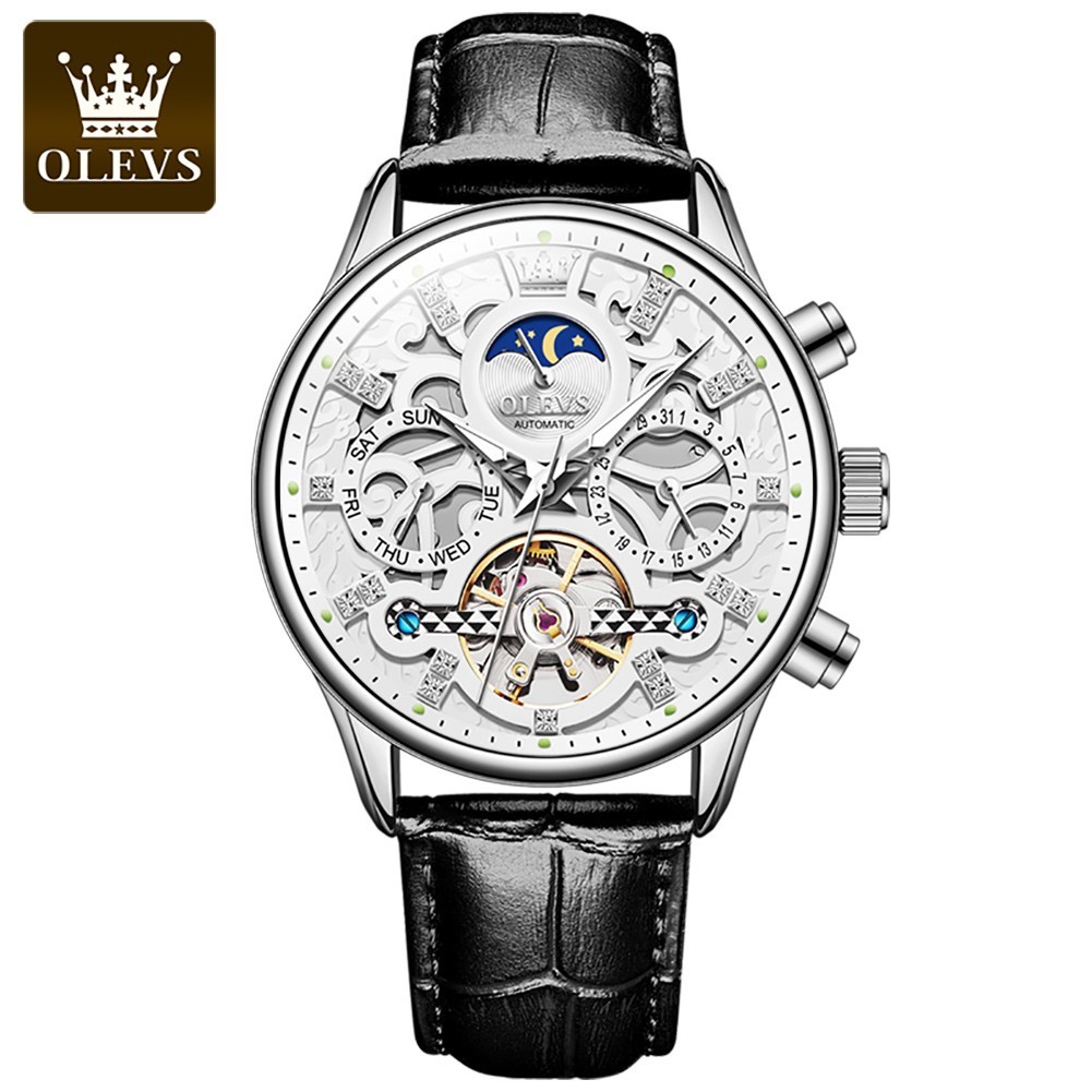 Olevs Automatic Mechanical Men’s Watch, Tourbillon, Leather Strap, Moon Phase