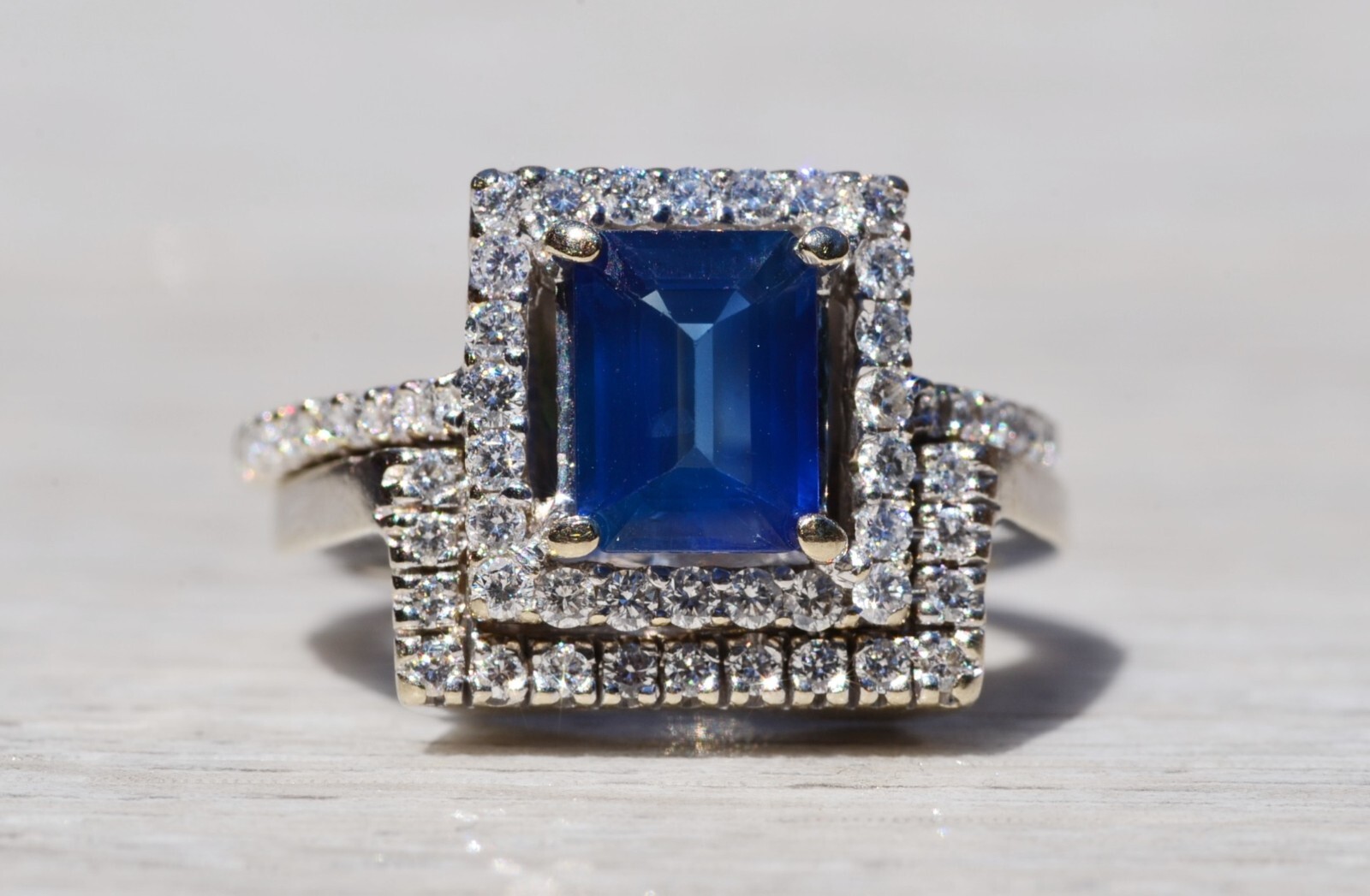 Diffused Emerald Cut Blue Sapphire Engagement Ring and Wedding Set with Custom B