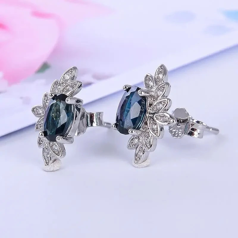 Dark Blue Green Sapphire Oval Cut Stud Earrings, September Birthstone Sapphire