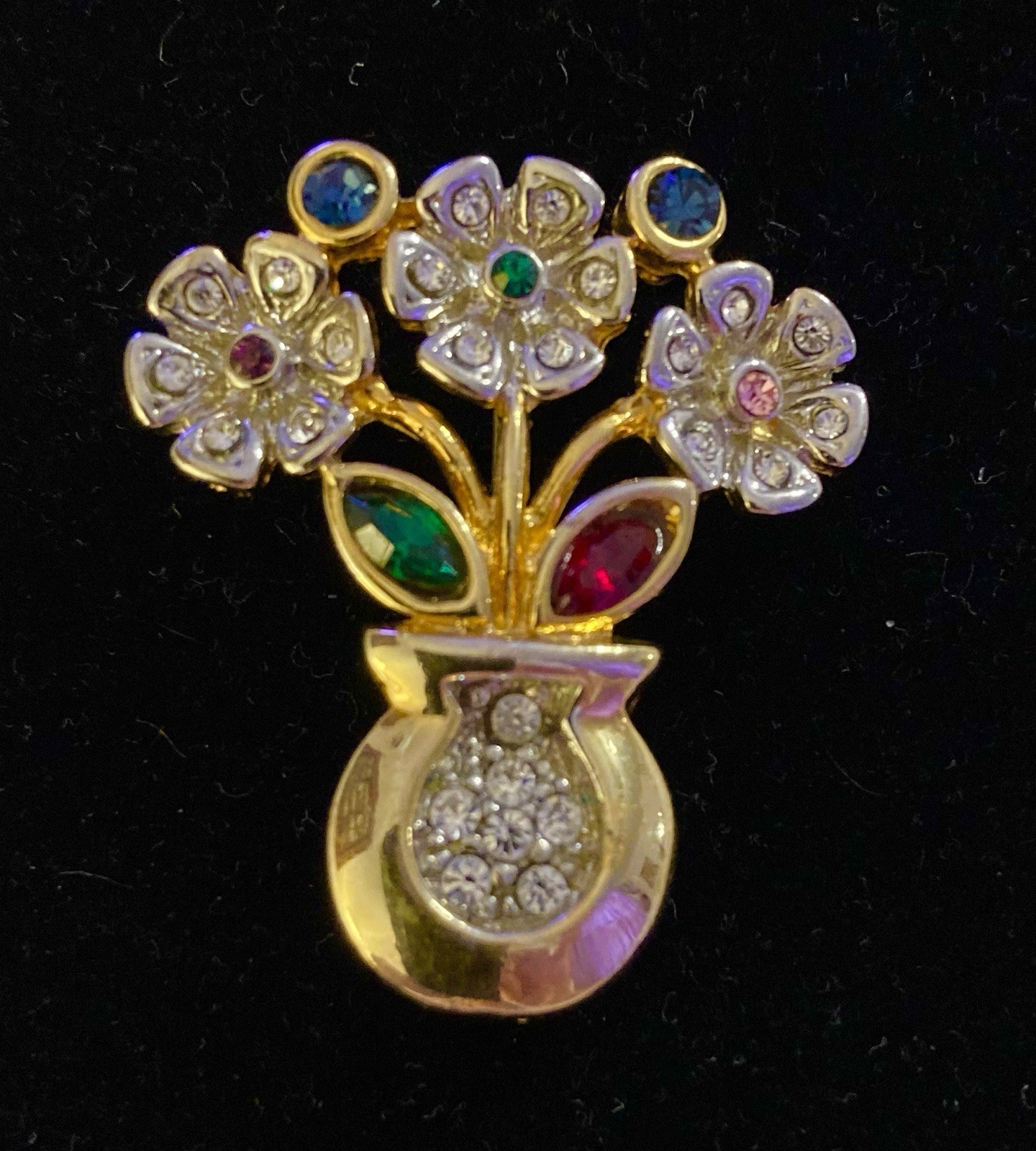 Vintage NAT LANDAU HYMAN Gold Tone Crystal & Rhinestone Flower Brooch Pin Signed