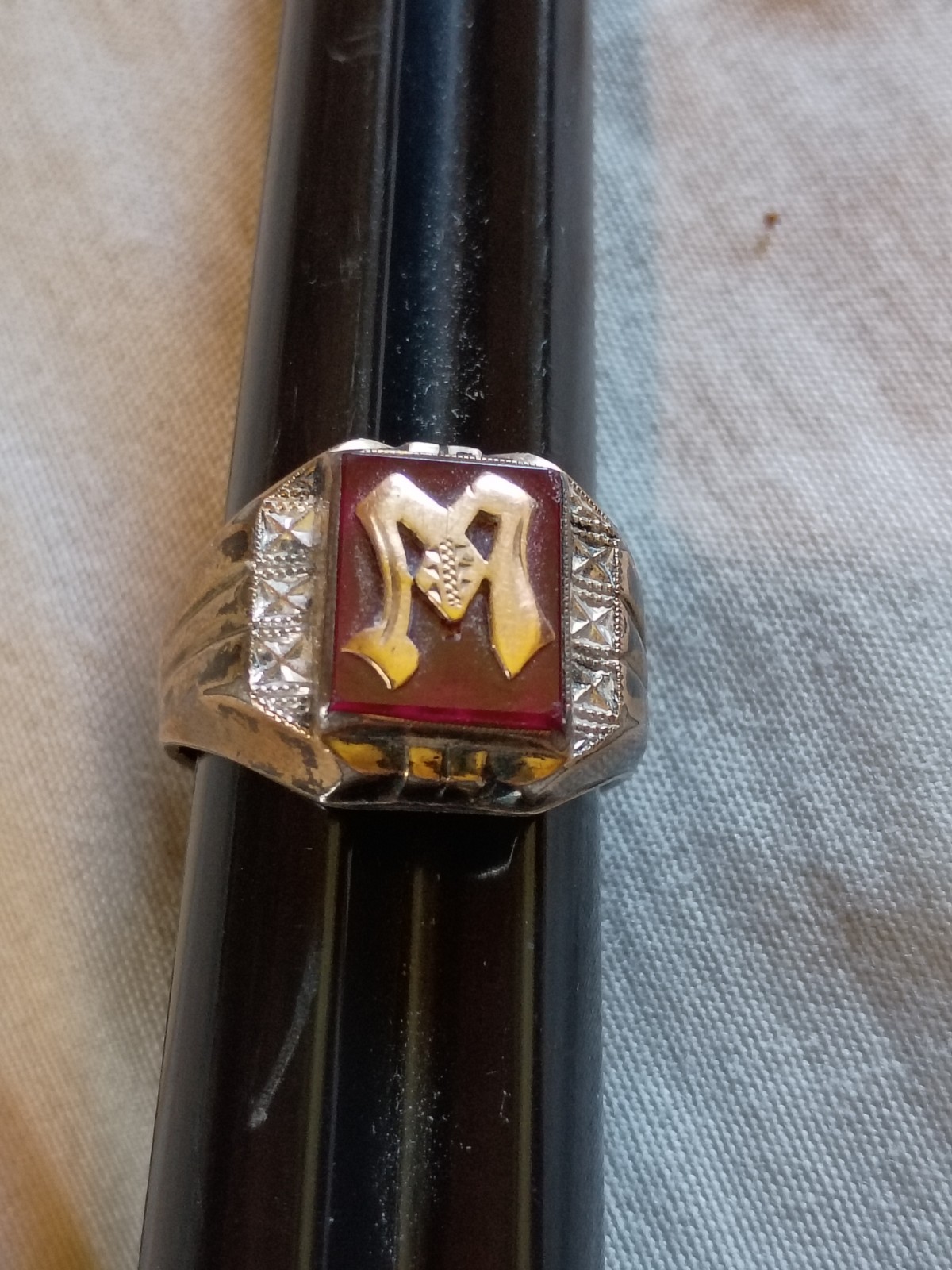 Vintage Sterling Silver 10k Gold Top Ring Size 9 With M Monogram.