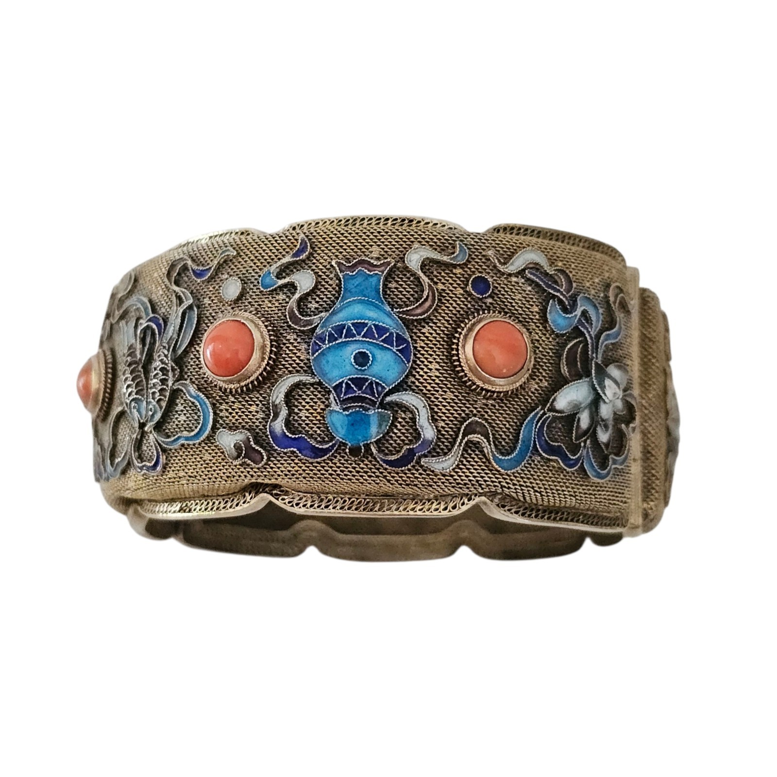 Vintage Chinese Export Bracelet Enamel Gilded Silver Mesh Filigree Coral