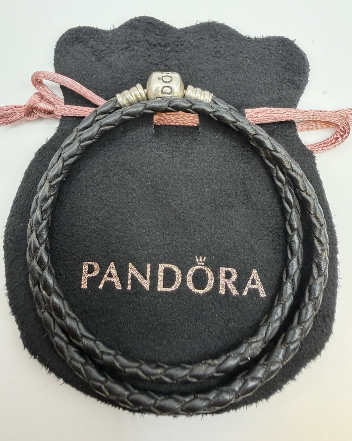 Genuine Pandora Black Leather Double Wrap Bracelet S925 ALE 36cm