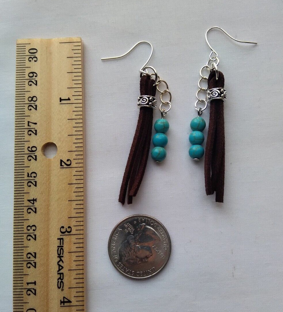Suede Fringe Tassel Earrings Turquoise Blue Howlite Stone Bead Handmade Cowboy