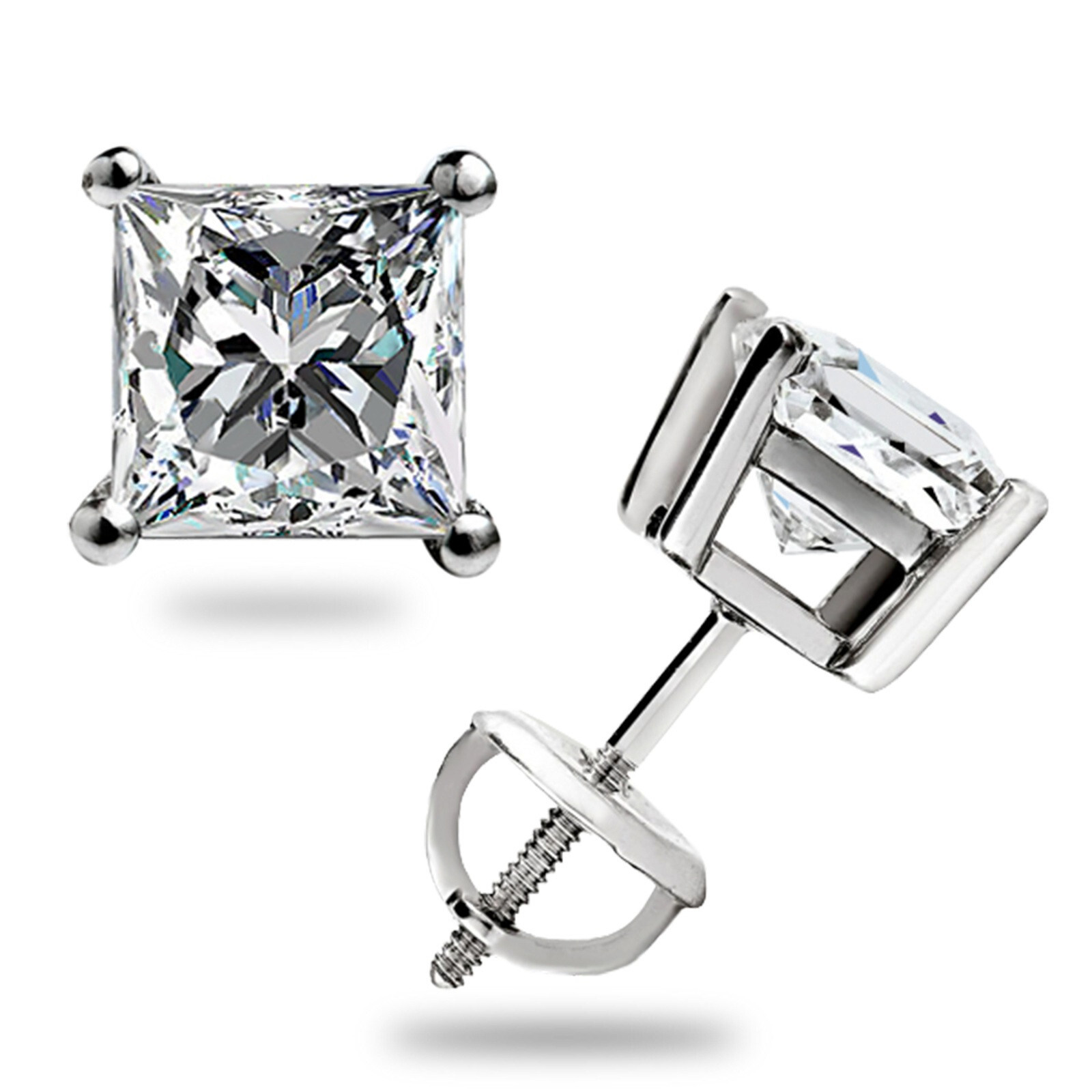 1.50 Ct Princess Cut Moissanite Stud Earrings Screwback Real 14k White Gold Gift