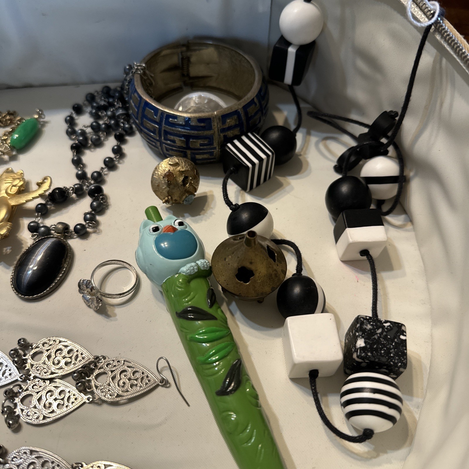 Vintage Jewelry Lot w/ Mod Hard Shell Suitcase Black White Retro Mix Purse Prop