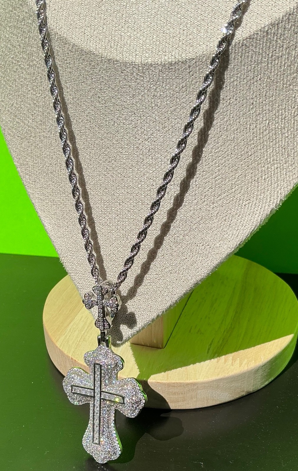 New Men Women White Gold Tone Cross CZ Chain Necklace Hip Hop Rap Fire Bling