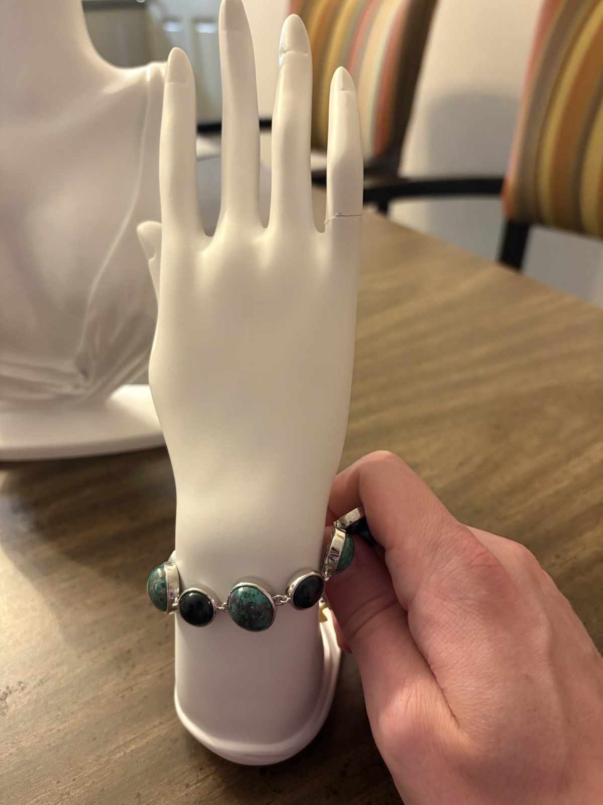 Sterling Silver Chrysocolla and Colorado Moonstone Bracelet 7-8 inch adjustable