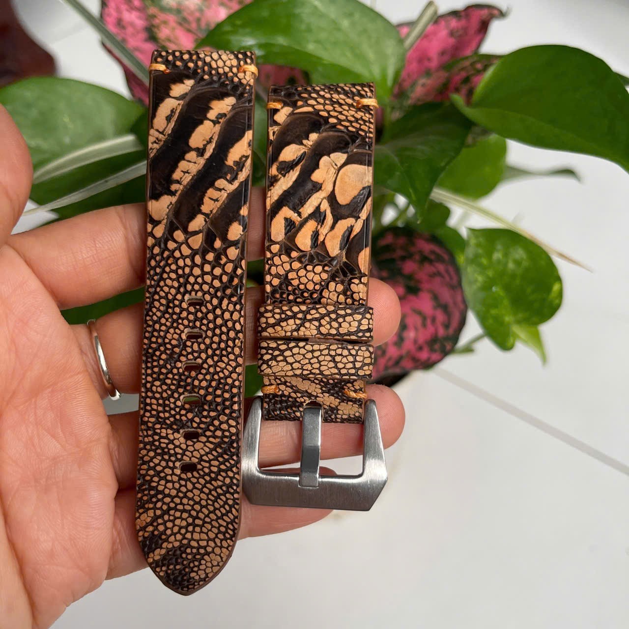 24/22 mm Padded Brown Genuine OSTRICH Leg LEATHER SKIN WATCH STRAP BAND