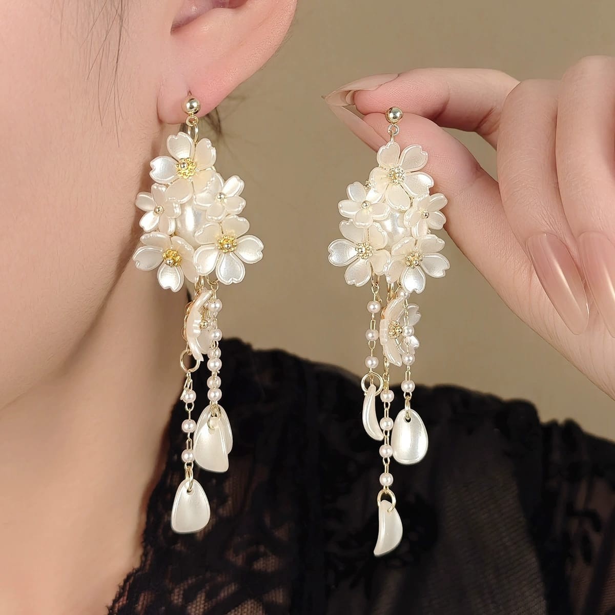 Floral Drop Dangle Earrings Faux Pearl Zinc Alloy Women Jewelry