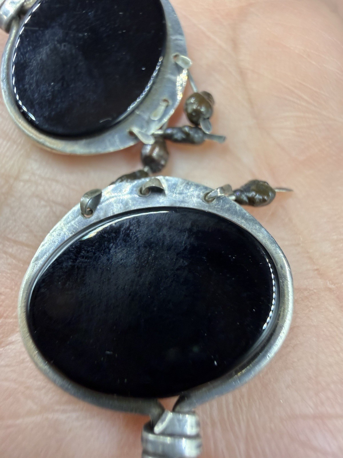 Black Onyx Dangle Ellipse Cabochon Silver Drop Earrings