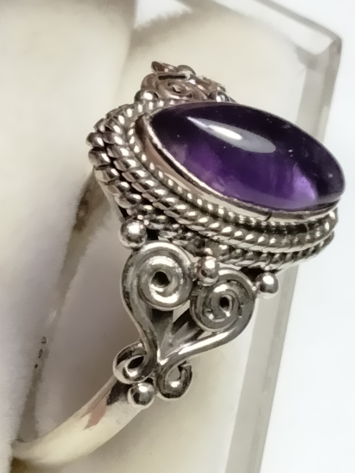 NATURAL AMETHYST IN TRENDY FILIGREE&HALO SET STL. SILVER.925 RING SIZE 9.0-9.25!