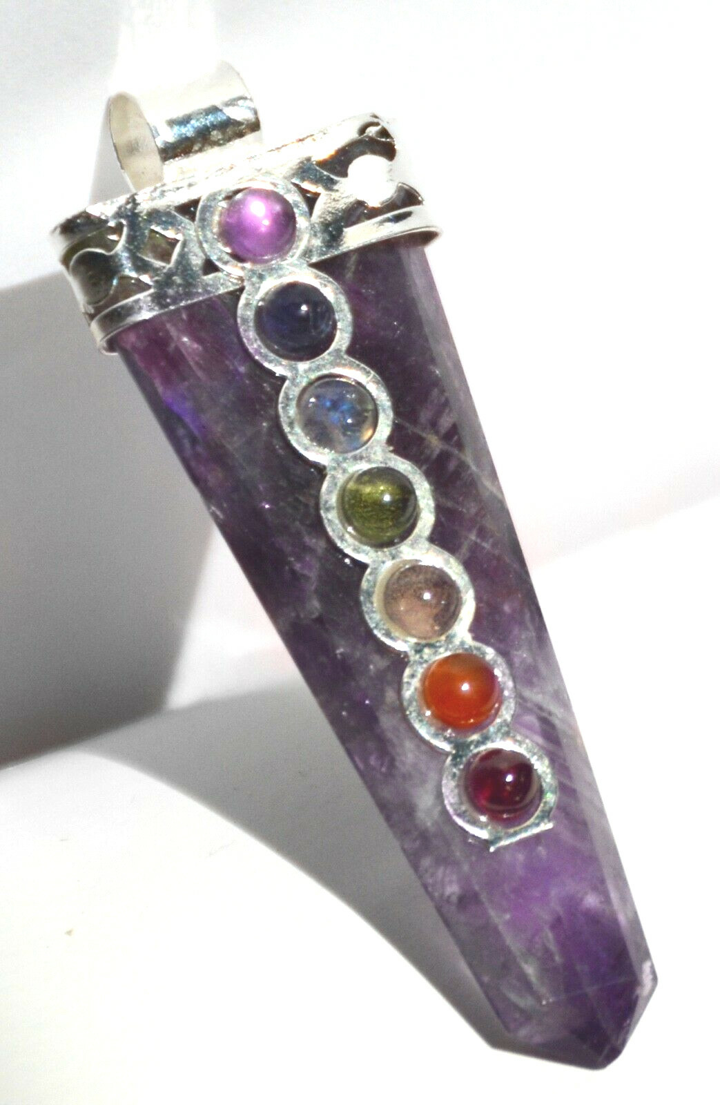 CHARGED Amethyst Crystal Point 7 Chakra Gemstone Silver Pendant & Necklace Reiki