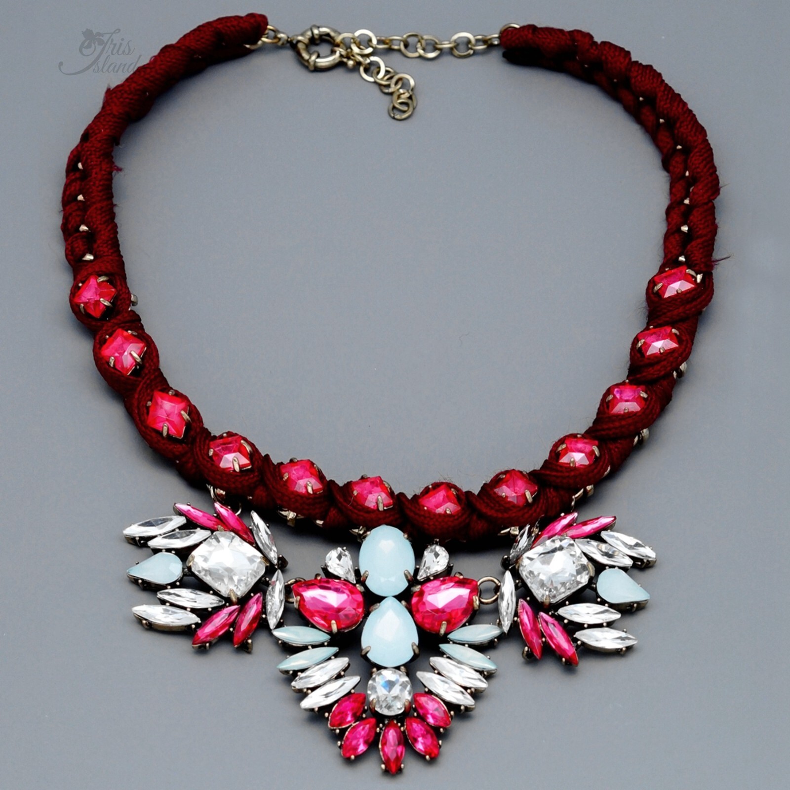 Women Fashion Hot Pink Fuchsia Crystal Chain Art Bib Statement Necklace 20250