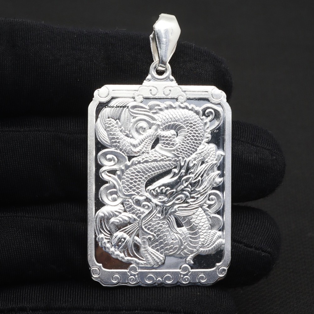 NEW Pure 999 Fine Silver Pendant Dragon-Pattern Amulet Pendant 57mm H