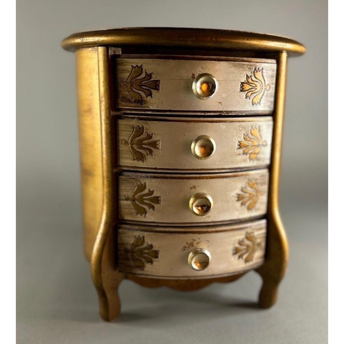 Vintage Style Gold Musical Jewelry Box Miniature Chest Ornate Floral Design
