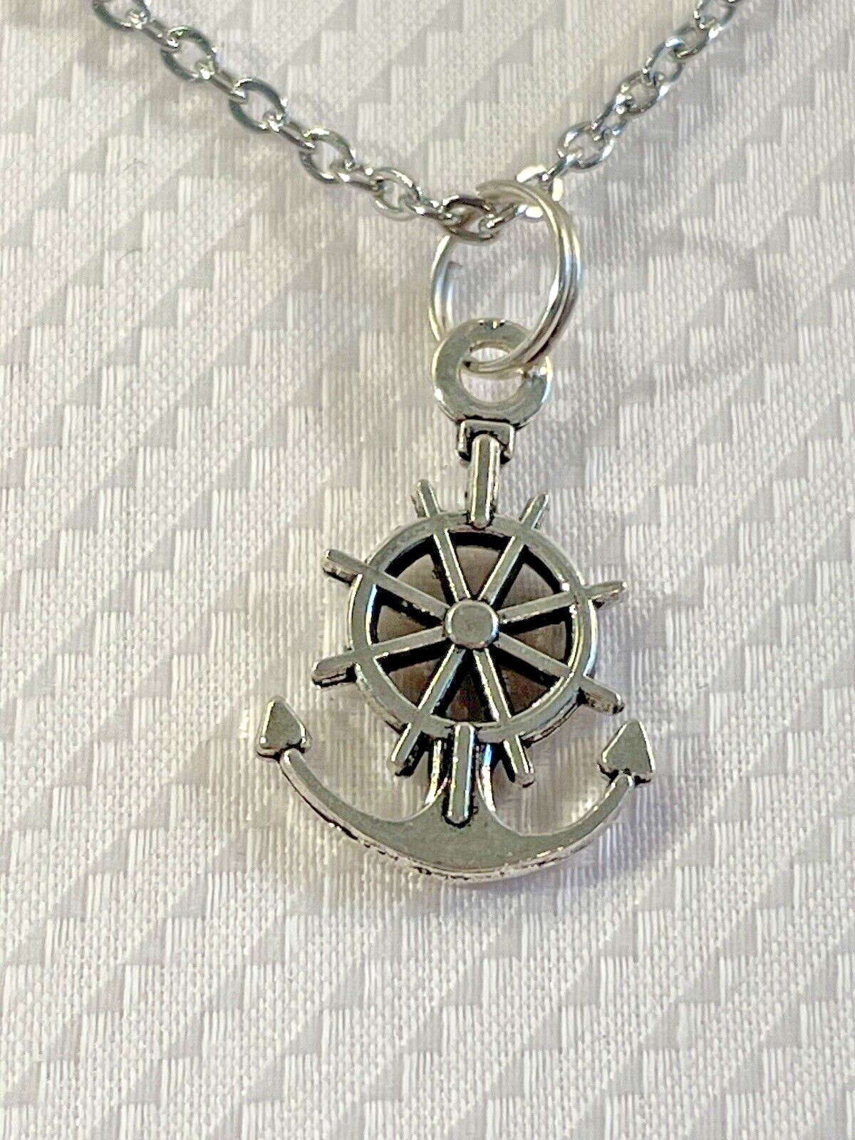 Ships Wheel Anchor Silver SM Pendant Necklace 18” Stainless Nautical NEW