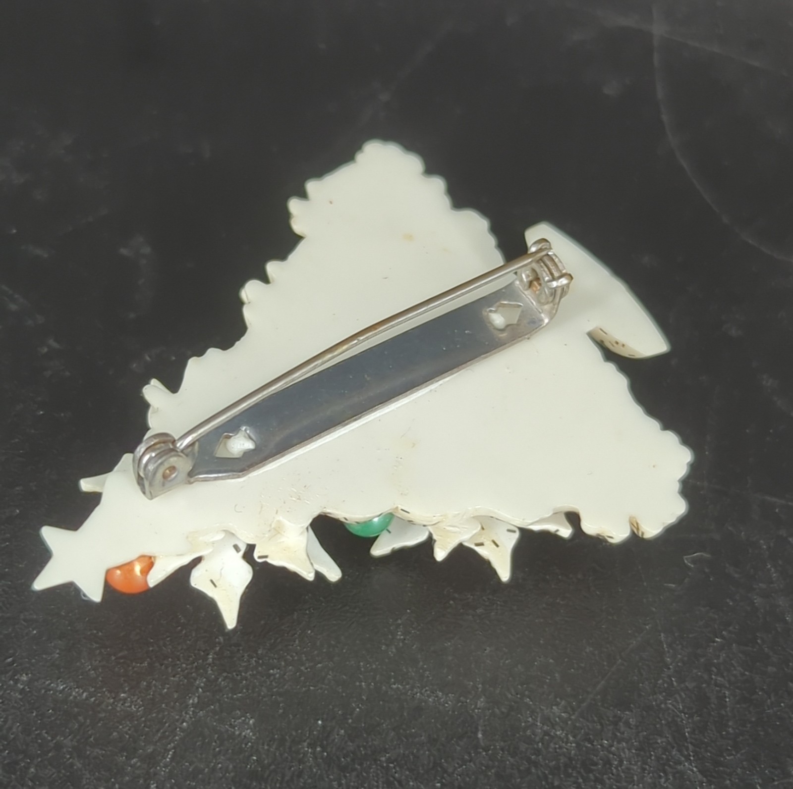 Vintage White Plastic Christmas Tree Pin Mica pink green MCM multi Ornaments