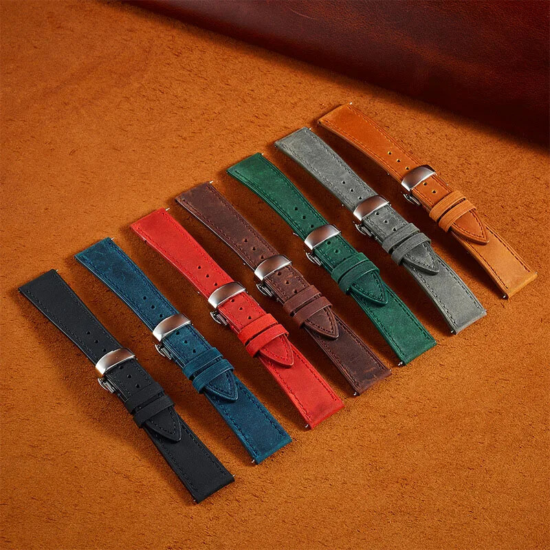 Vintage Cowhide Leather Strap Butterfly Buckle Watch Band 20mm 18 19 21 22 24mm