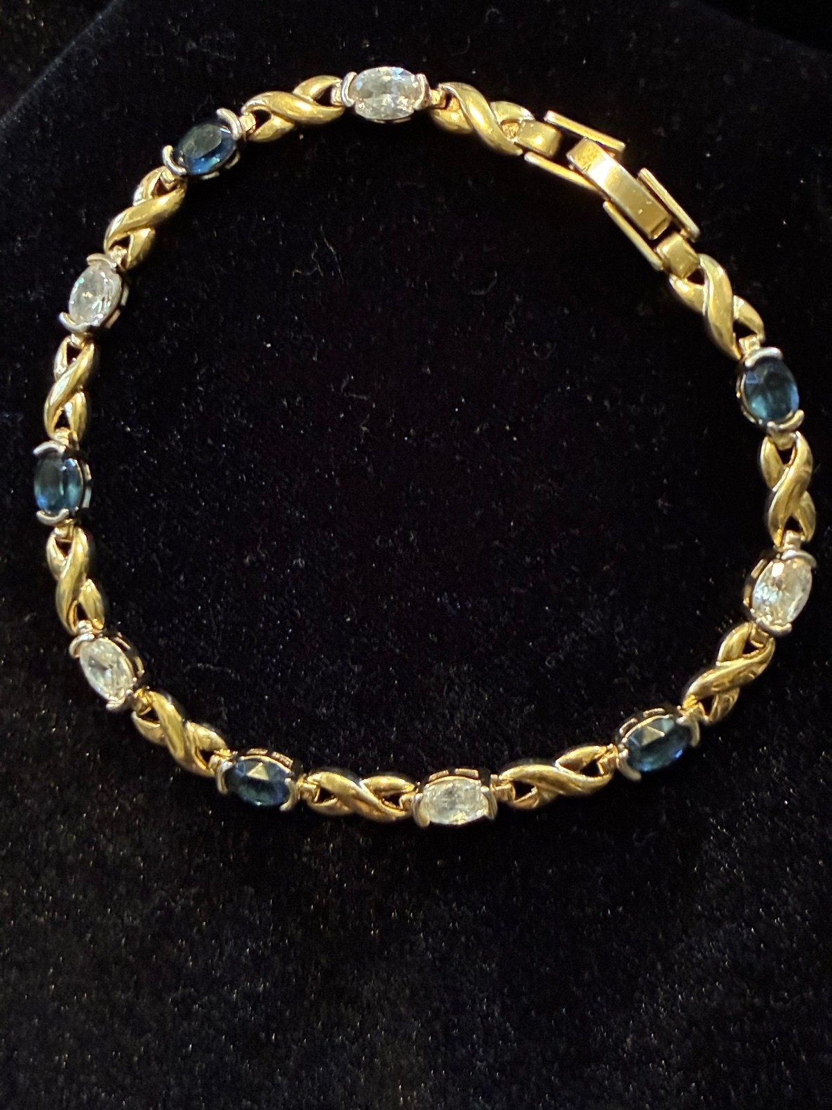 Vtg Gold-Tone Faux Sapphire & CZ Tennis Bracelet – Hugs & Kisses “X” Link 7.5”